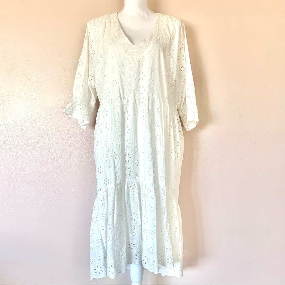 Fairhope White Eyelet 3/4 Sleeves High-Low Dress.